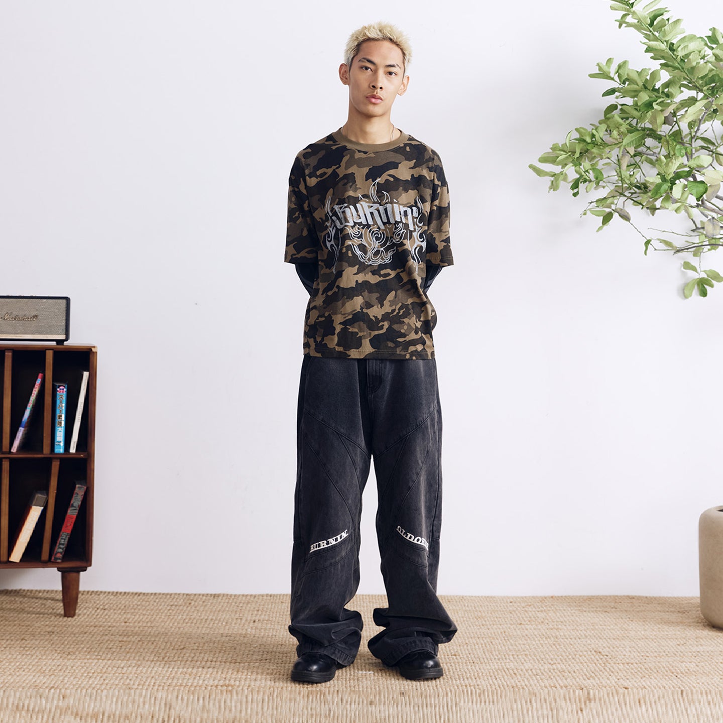BURNIN* “97’series” worn fire pattern fake two-piece T-shirt - PSYLOS 1, BURNIN* “97’series” worn fire pattern fake two-piece T-shirt, T-Shirt, Burnin, PSYLOS 1